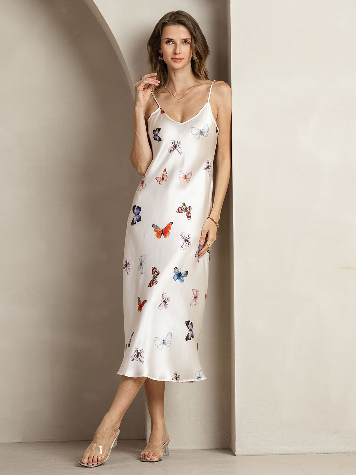[White Butterfly] SilkSilky-UK 19Momme Silk V Neck Dress 004
