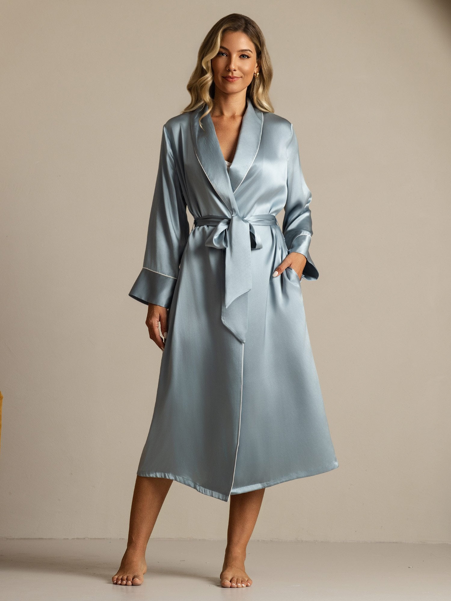 [GrayishBlue] SilkSilky-UK Pure Silk Collar Women's Dressing Gown 003