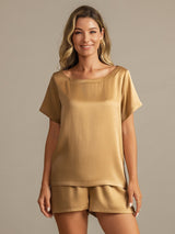 [Tan] SilkSilky-UK 19Momme Machine-Washable Silk Short Sleeve Round Neck Women's Pyjamas 001