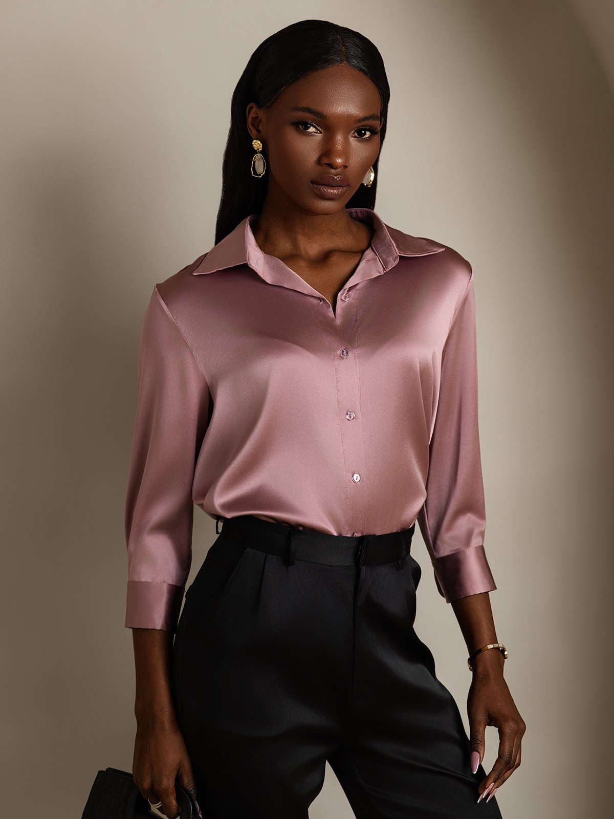 [Pale Mauve] SilkSilky-UK 19Momme Silk Lapel Collar Women's Shirt 001