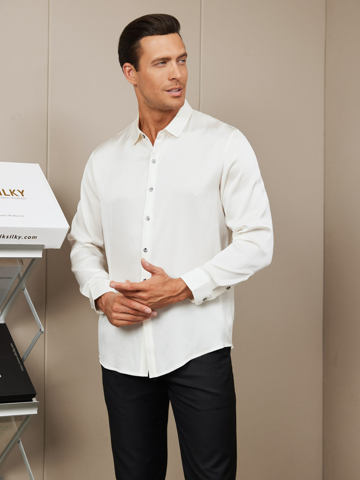 SilkSilky UK Silk Long Sleeve Collar Men's Shirt White 003