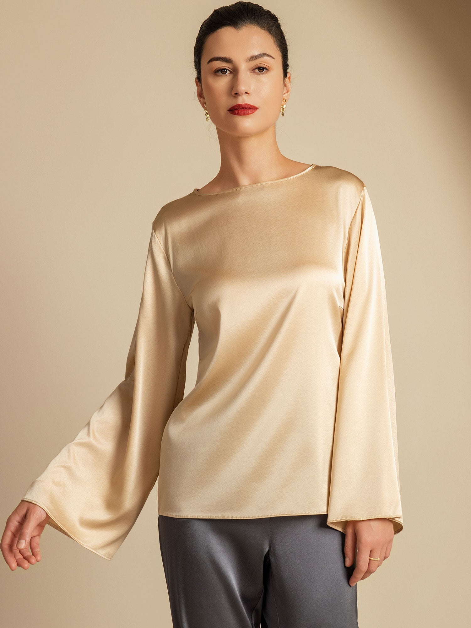 [Champagne] SilkSilky-UK 19Momme Silk Round Neck Women's T-Shirt 001