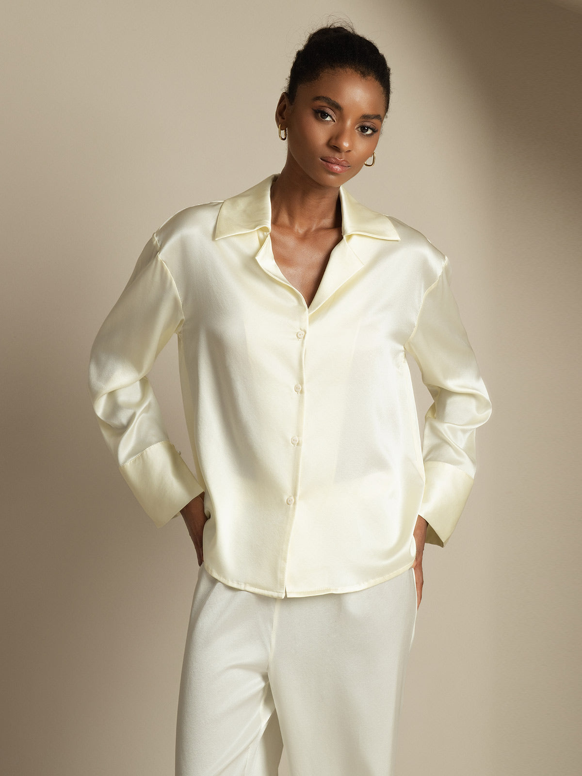 [Ivory] SilkSilky-UK 19Momme Silk Notch Collar Women's Shirt 005