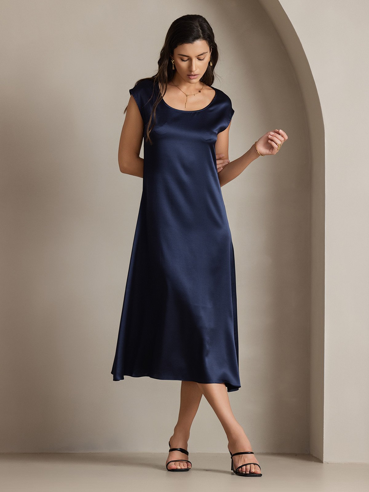 [Dark Blue] SilkSilky-UK 19Momme Silk Cap Sleeve Round Neck Dress 006