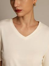 [Beige] SilkSilky-UK 100% High-Twist Silk Jersey Short Sleeve V Neck Women's T-Shirt 003