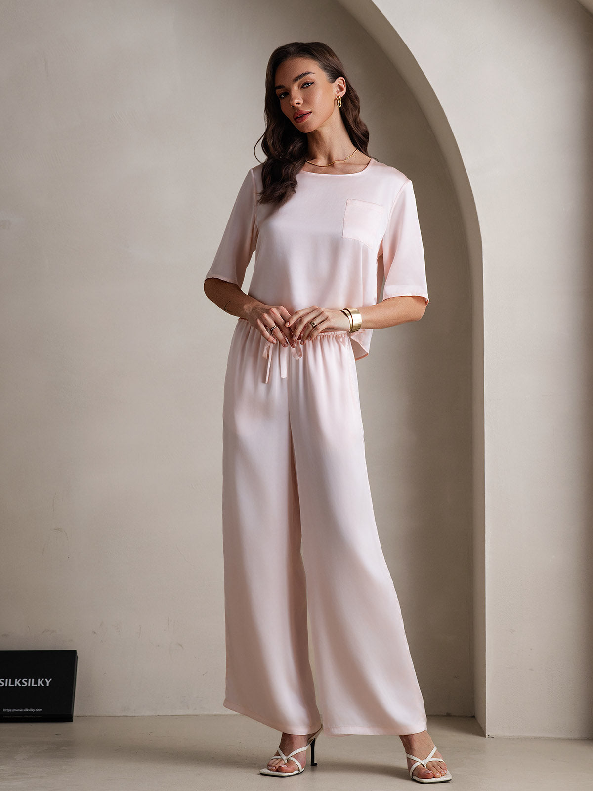 [Pink] SilkSilky-UK Pure Silk Round Neck Women's Pyjamas 005
