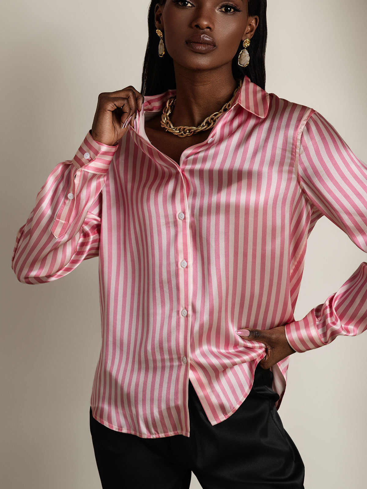 [Pink Stripe] SilkSilky-UK Silk Long Sleeve Collar Women's Shirt 003