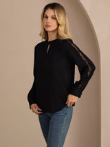 [Black] SilkSilky-UK Long Sleeve Keyhole Neck Women's Blouse 004