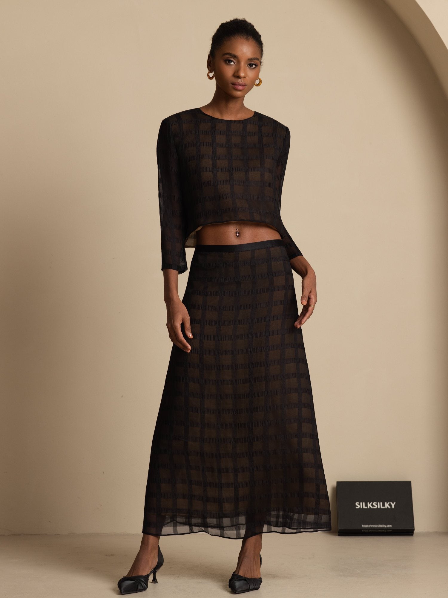 [Black] SilkSilky-UK Pure Silk Long Sleeve Round Neck Women''s Outfit Sets 003