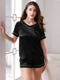 SilkSilky UK Pure Silk Short Sleeve V Neck Women's Pyjamas Black 003