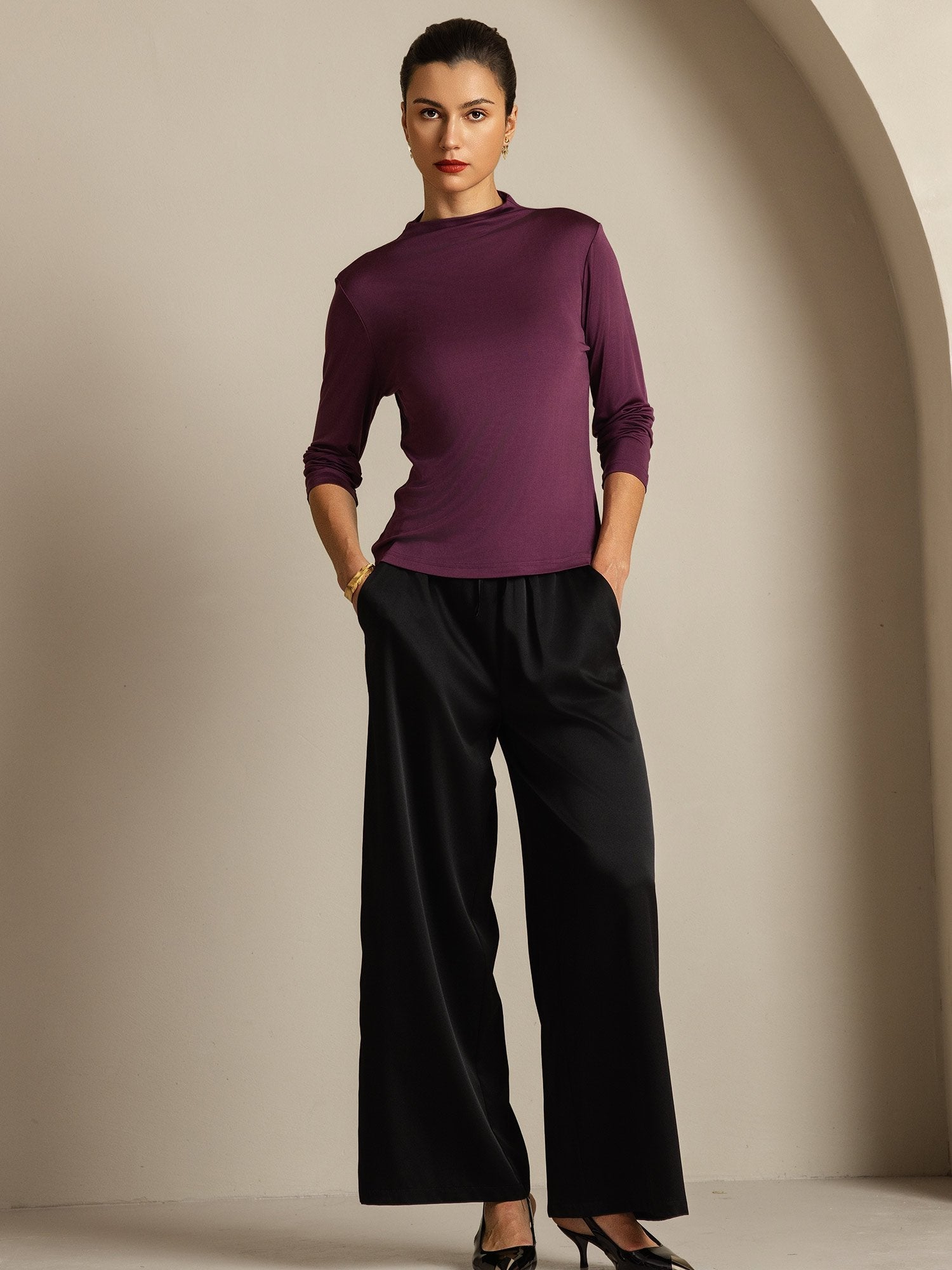 [Purple] SilkSilky-UK Pure Silk Mock Women's T-Shirt 005