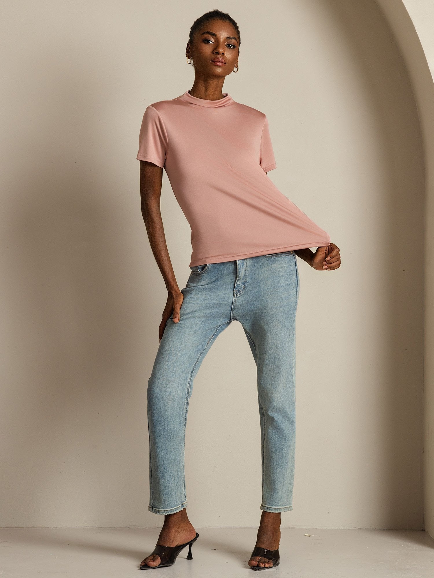 [Pink] SilkSilky-UK Pure Silk Collar Women's T-Shirt 004