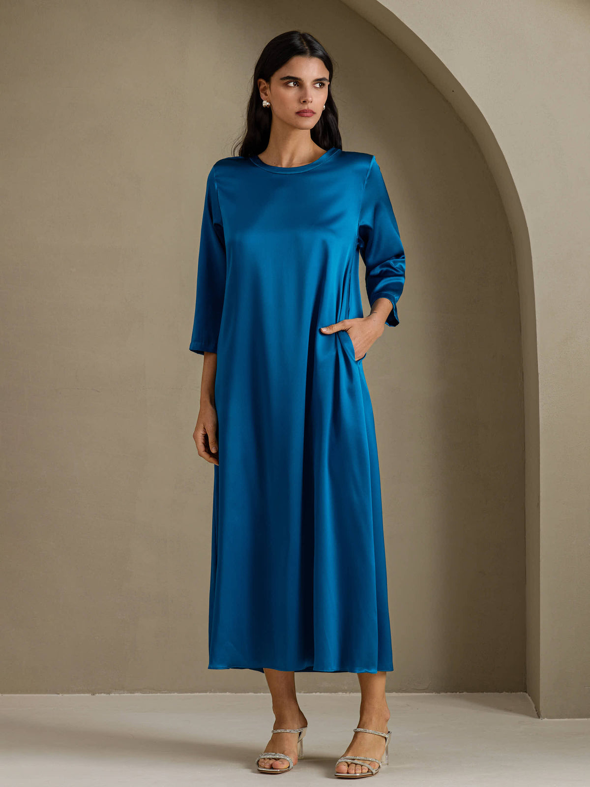 [Teal] SilkSilky-UK 3/4 Sleeve Round Neck Dress 001