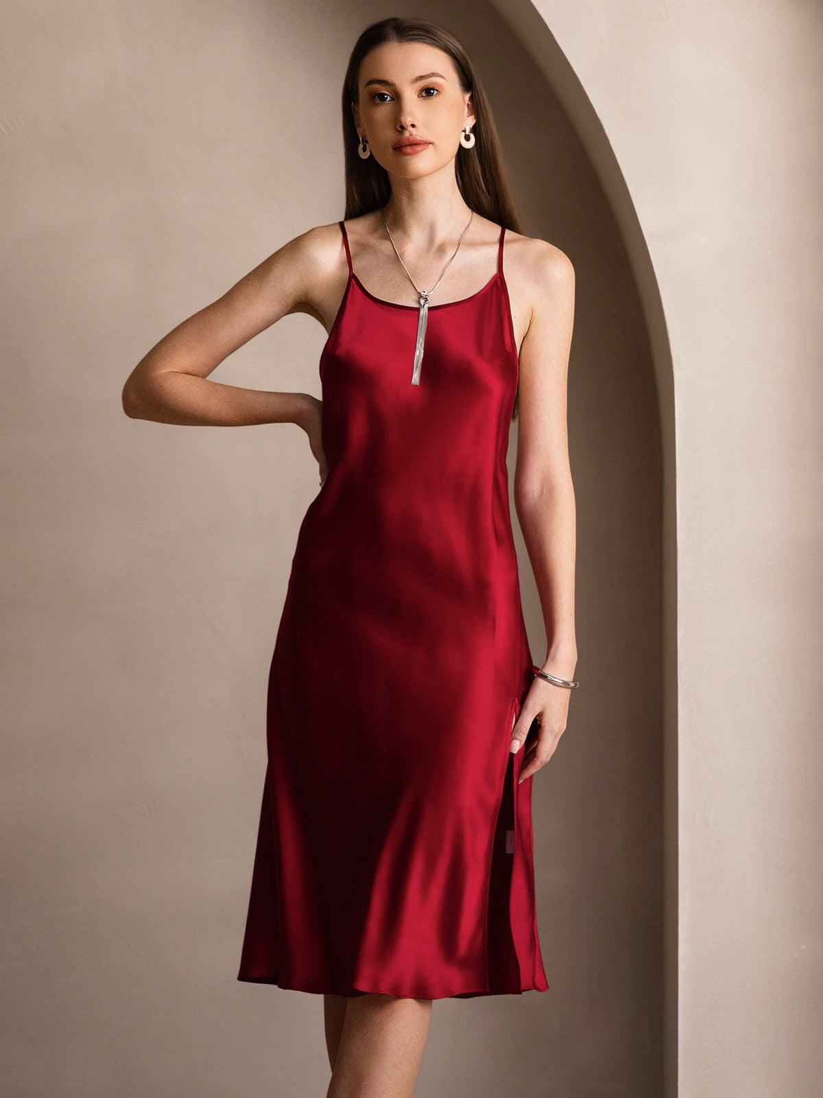 [Wine] SilkSilky-UK Pure Silk Round Neck Dress 006