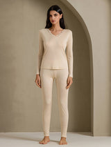[Beige] SilkSilky-UK Long Sleeve V Neck Women's Long Johns 001