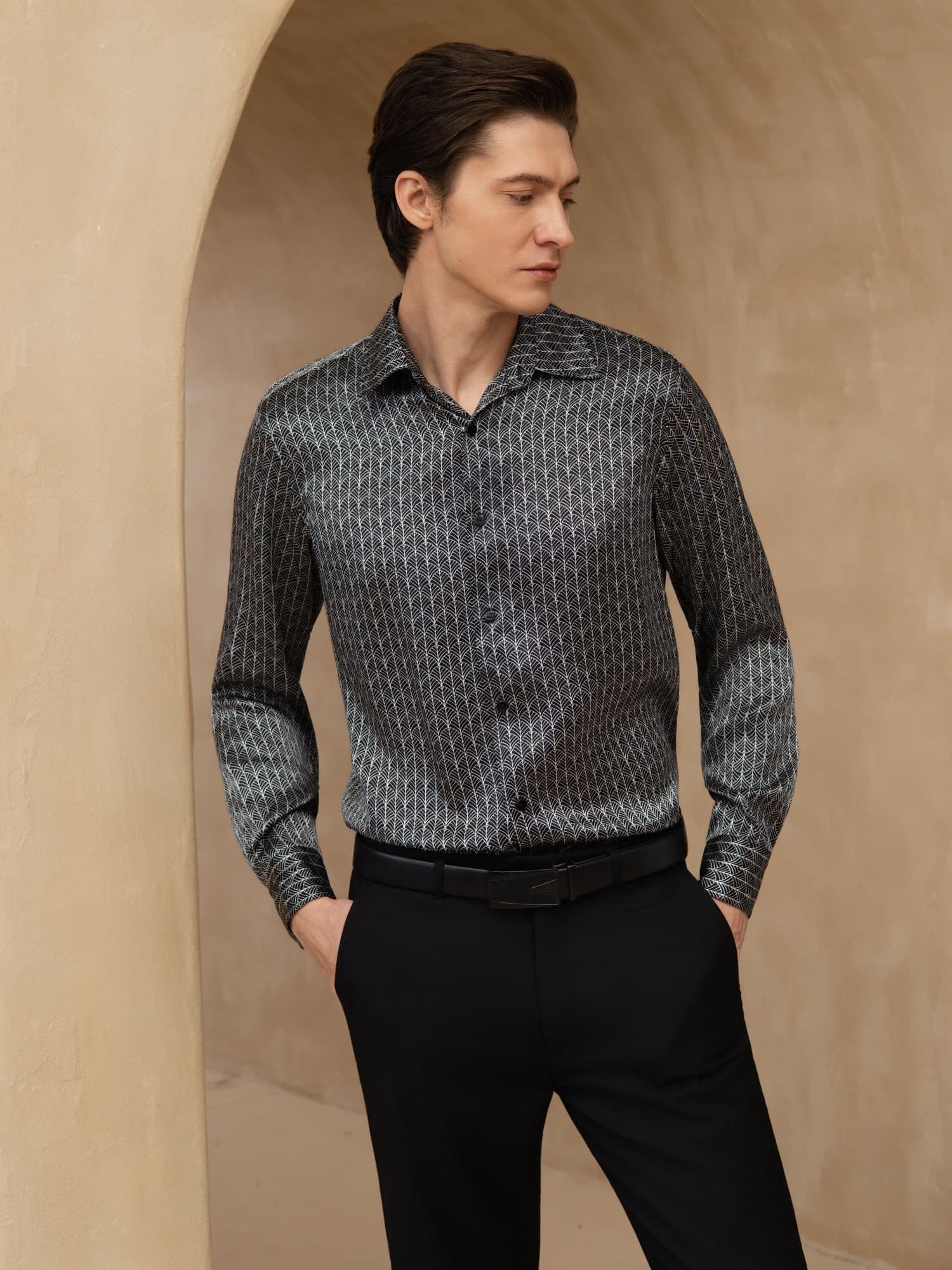 [Black Ginkgo] SilkSilky-UK Long Sleeve Lapel Collar Men's Shirt 001