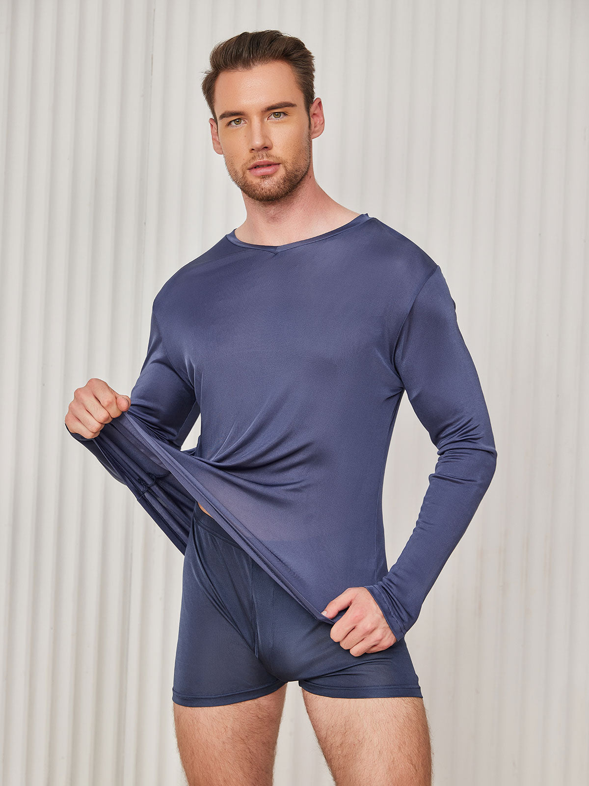 SilkSilky UK Silk Knitted Long Sleeve V Neck Men's T Shirt DarkBlue 003