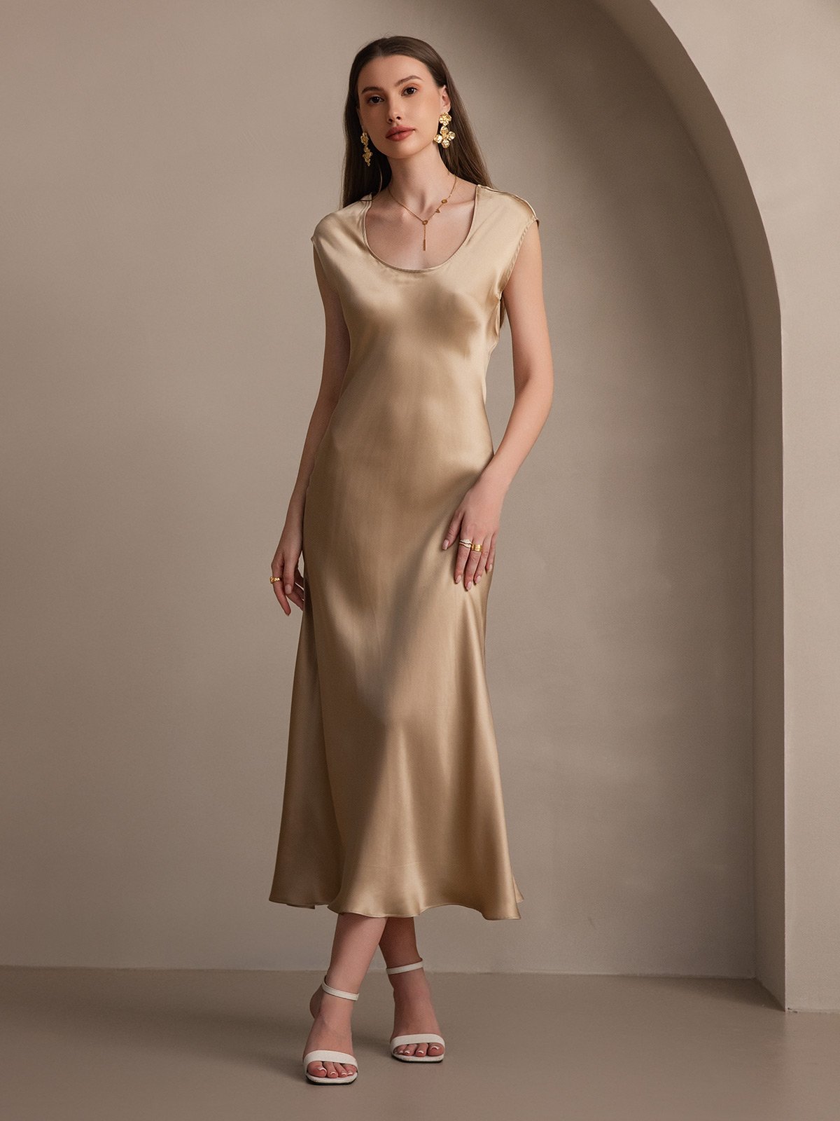 [Champagne] SilkSilky-UK 19Momme Silk Cap Sleeve Round Neck Dress 007