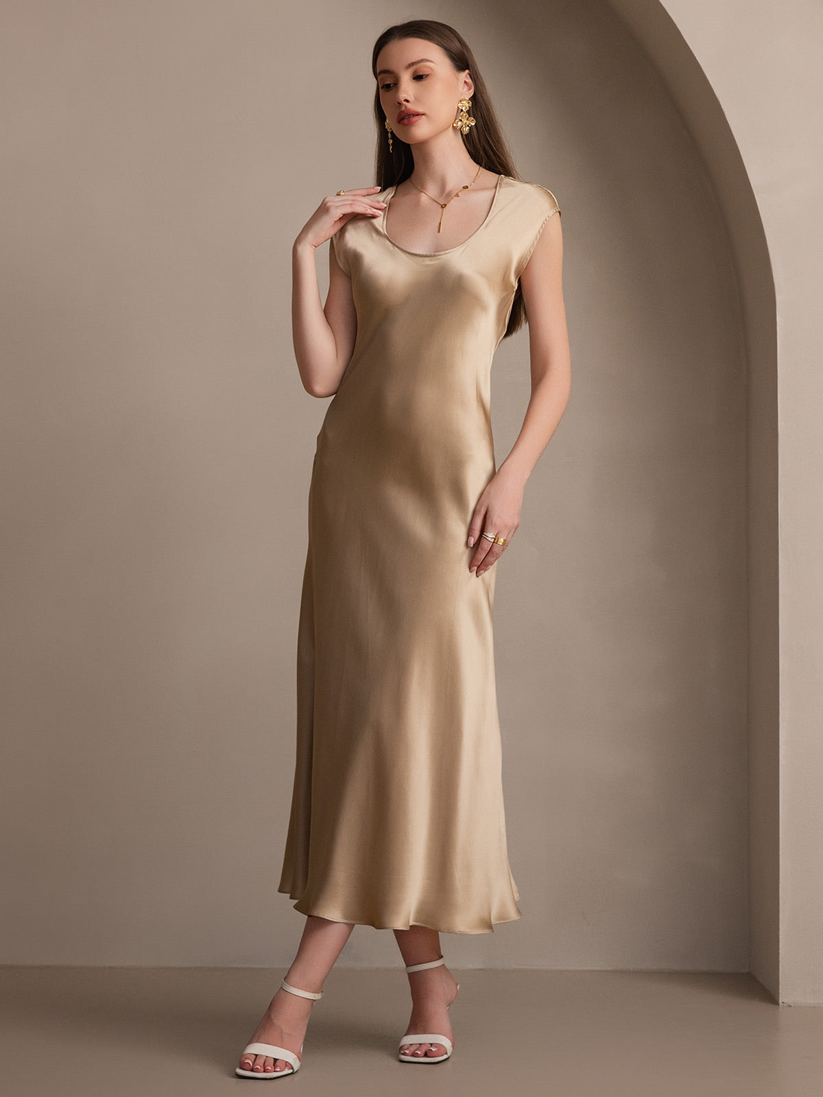 [Champagne] SilkSilky-UK 19Momme Silk Round Neck Dress 006