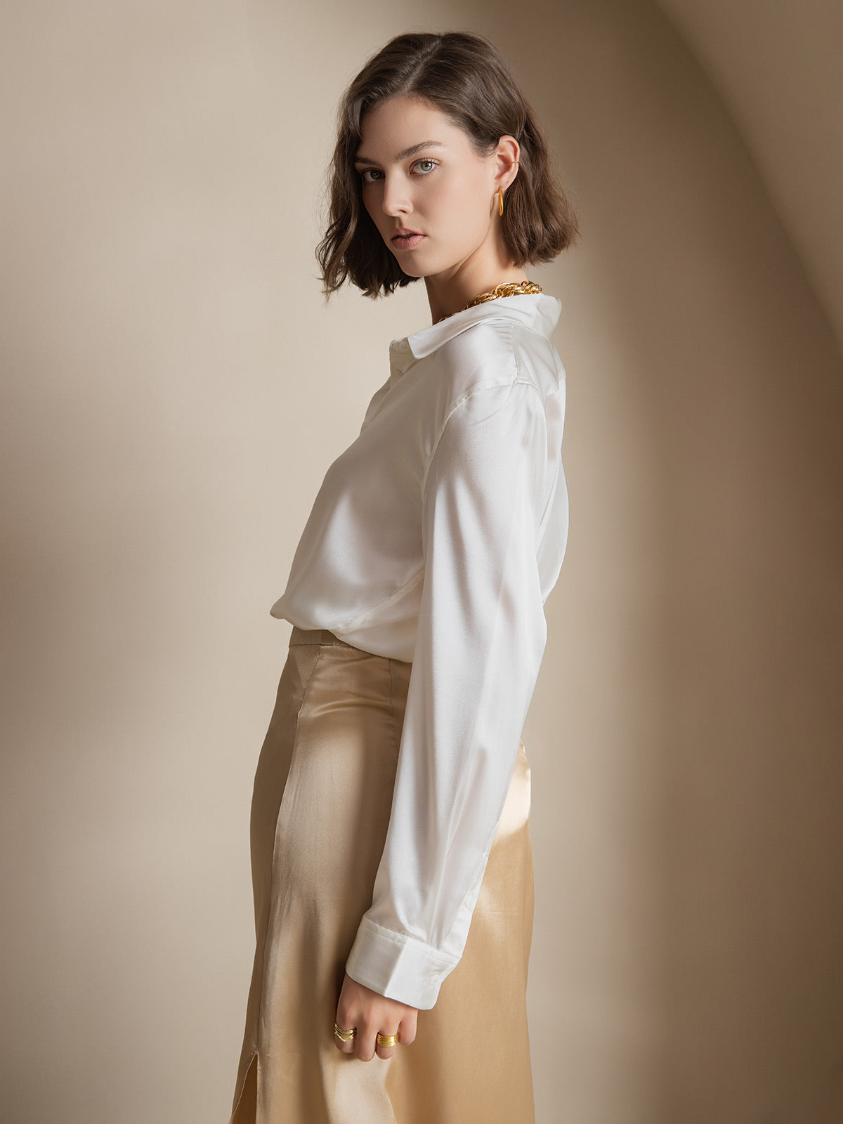 [White] SilkSilky-UK Silk Long Sleeve Collar Women's Shirt 007