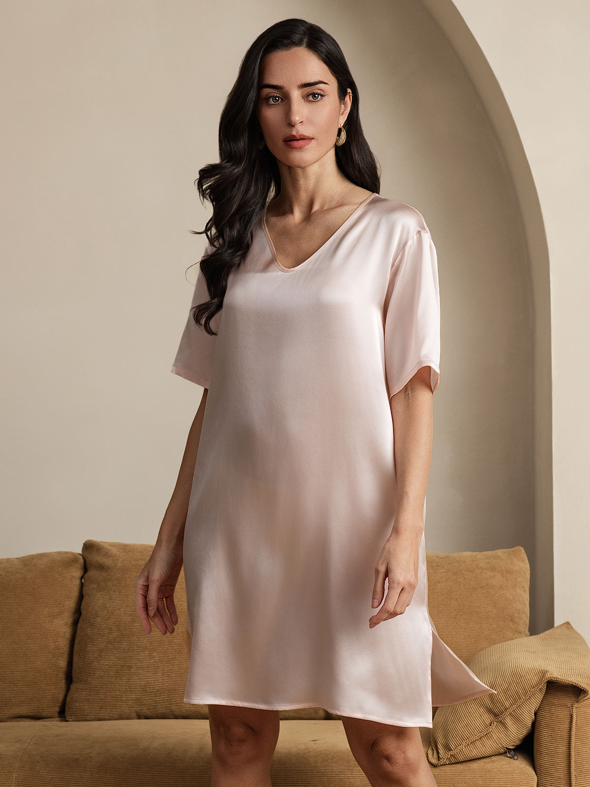 [LightPink] SilkSilky-UK Pure Silk Short Sleeve V Neck Nightdress 004