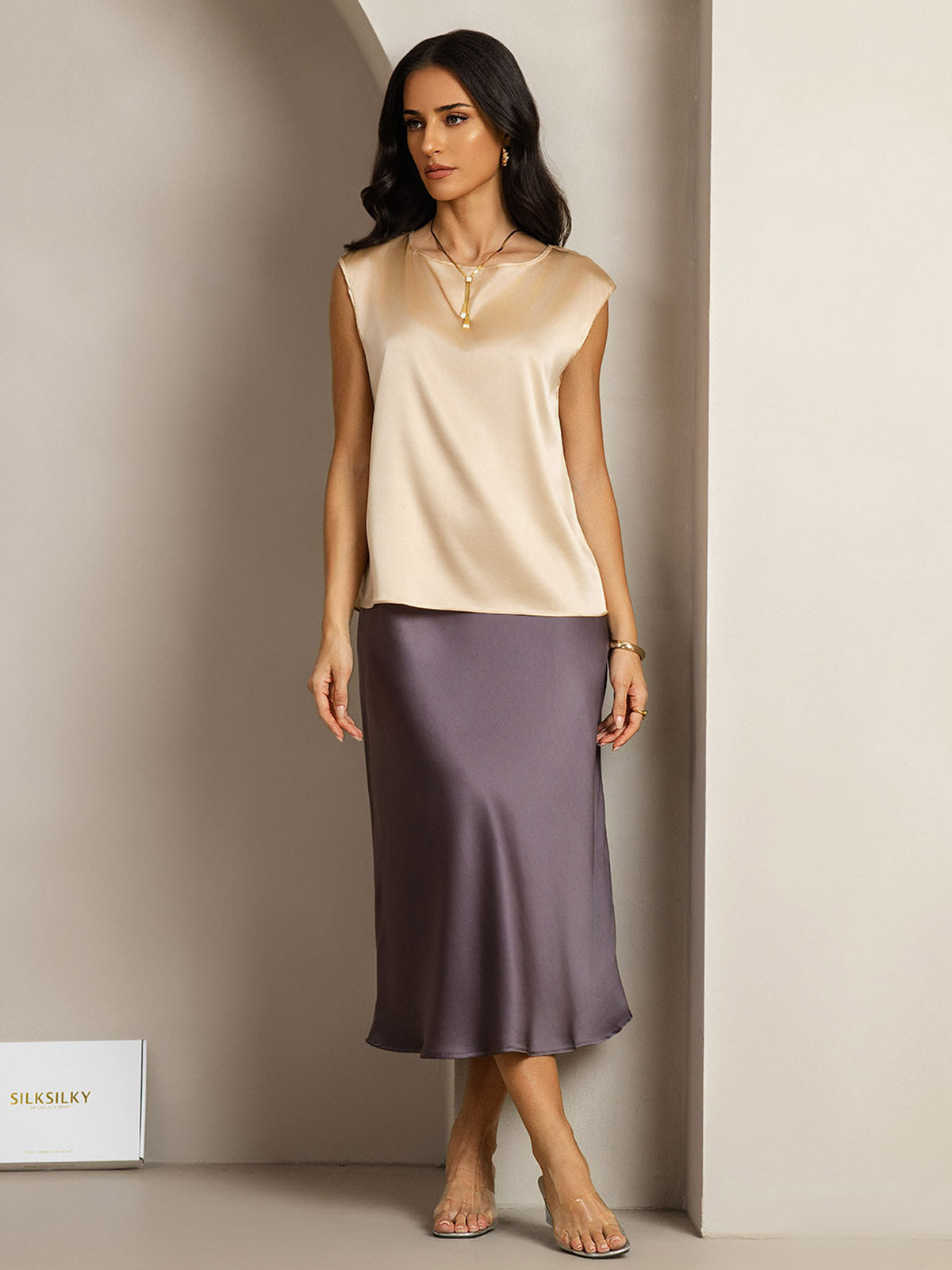 [Champagne] SilkSilky-UK 19Momme Silk Round Neck Women's T-Shirt 003