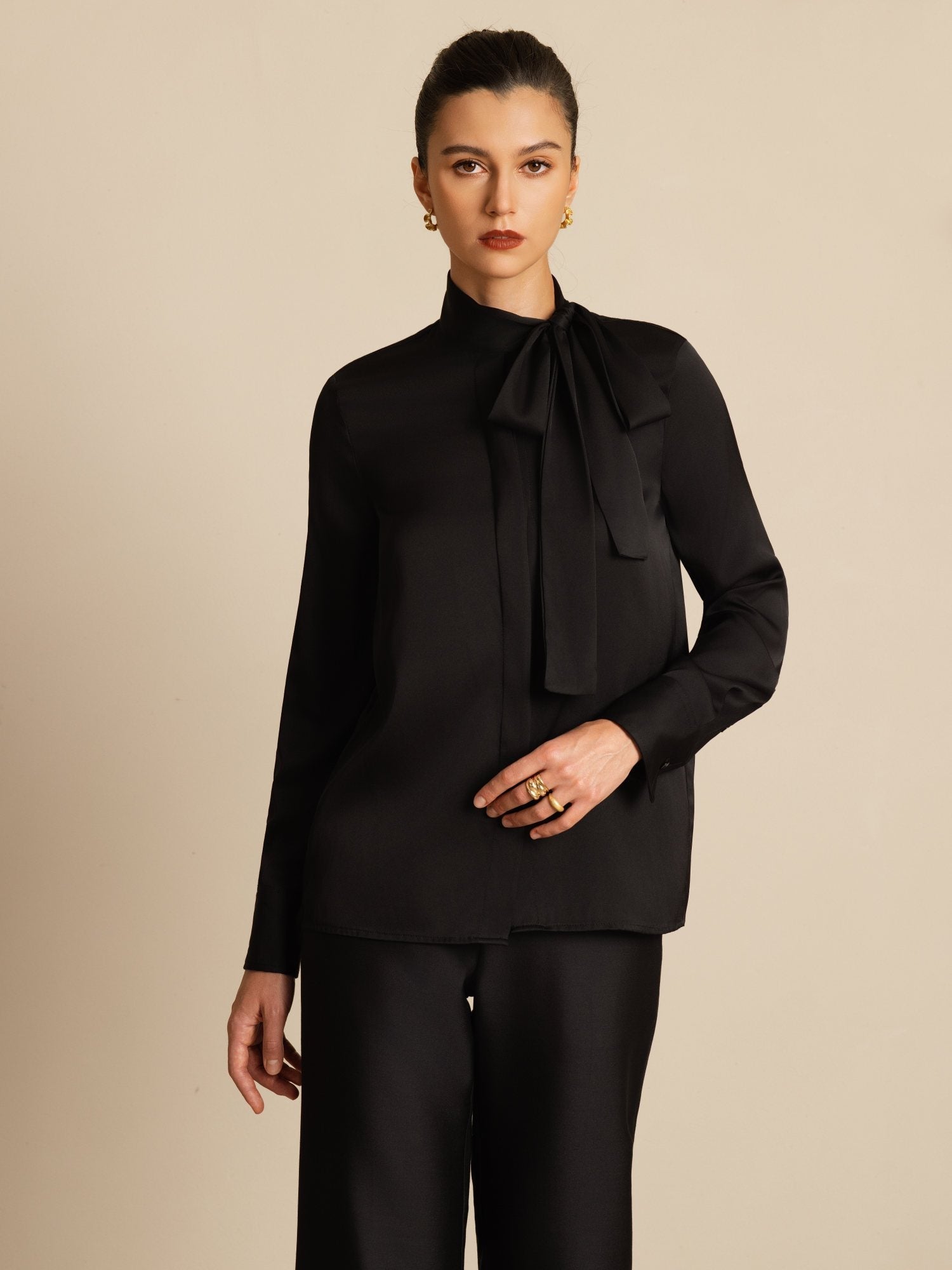 [Black] SilkSilky-UK 19Momme Silk Long Sleeve Tie Neck Blouse 004