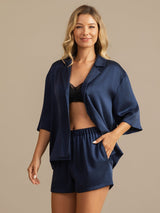 [Dark Blue] SilkSilky-UK 19Momme Machine-Washable Silk Half Sleeve Notch Collar Women's Pyjamas 003