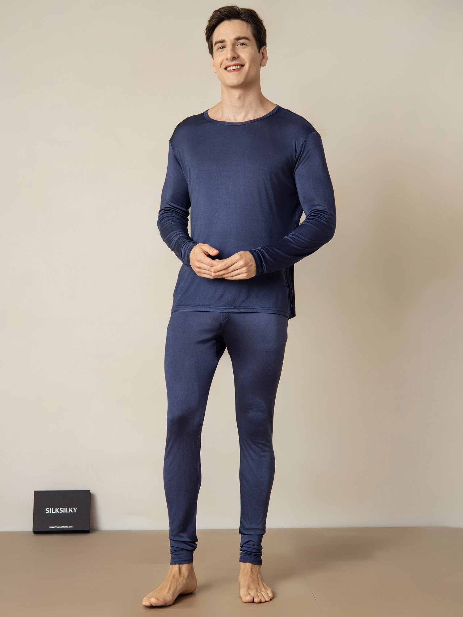 [DarkBlue] SilkSilky-UK Silk Knitted Round Neck Men's Pyjamas 001