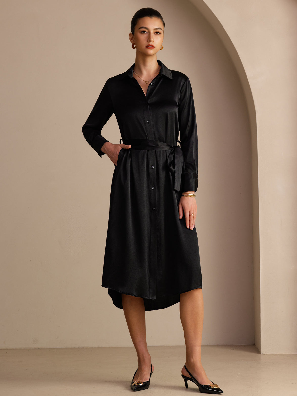 [Black] SilkSilky-UK Long Sleeve Lapel Collar Dress 001
