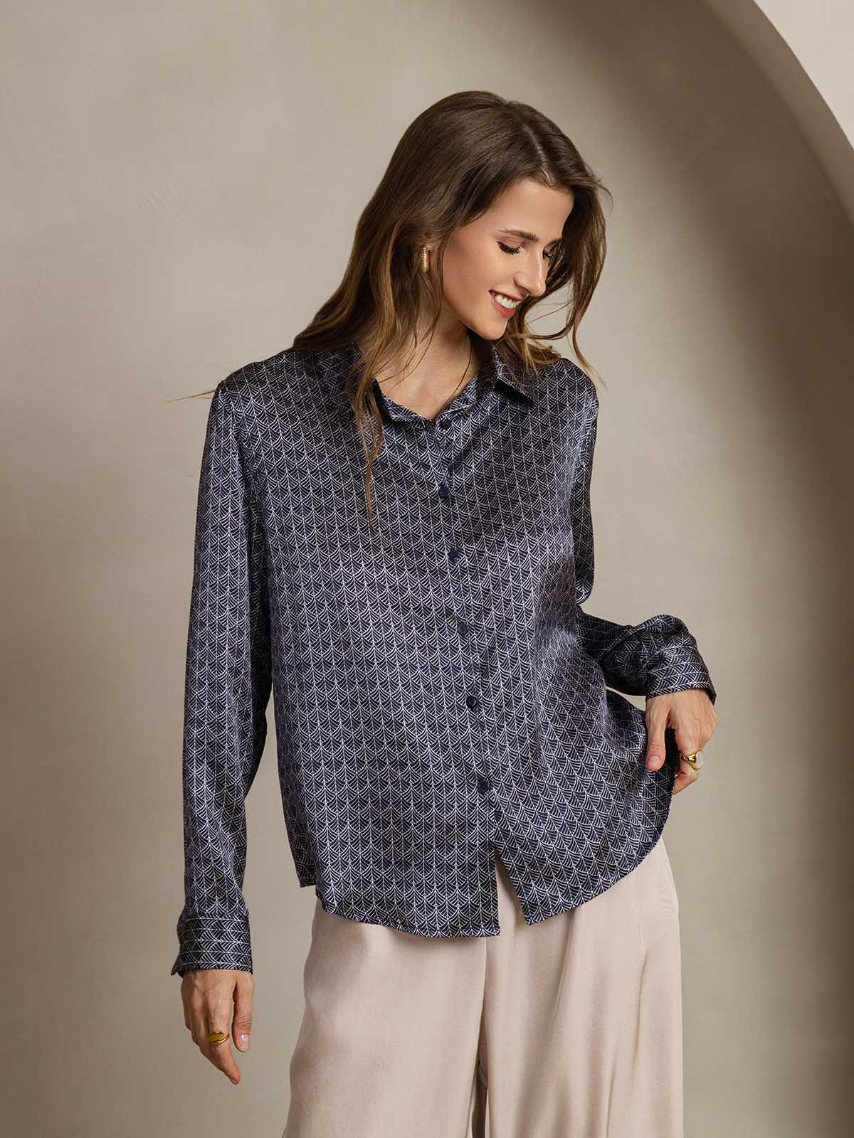 [Navy Ginkgo] SilkSilky-UK Silk Long Sleeve Collar Women's Shirt 005