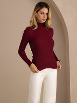 [Wine] SilkSilky-UK Long Sleeve Turtle Neck Women's T-Shirt 003