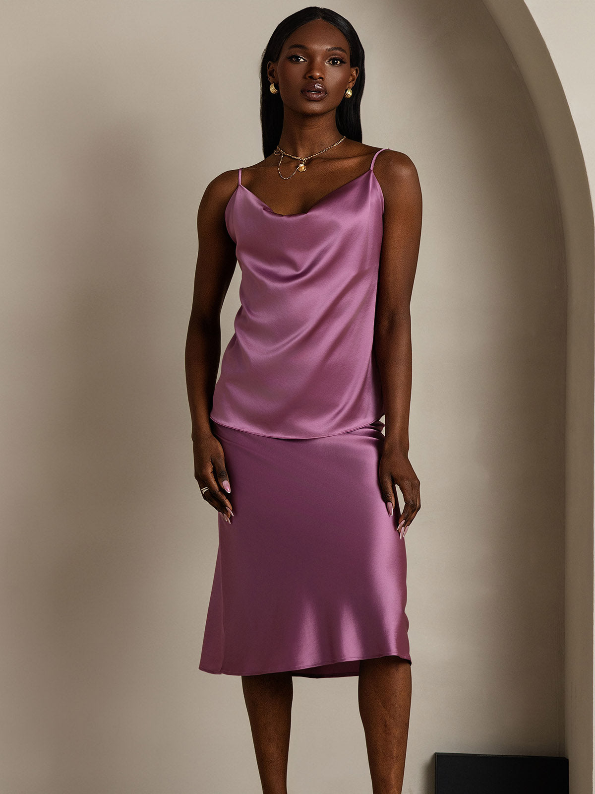 [Deep Purple] SilkSilky-UK 19Momme Stretch Silk Charmeuse Spaghetti Strap Cowl Neck Camisole 005