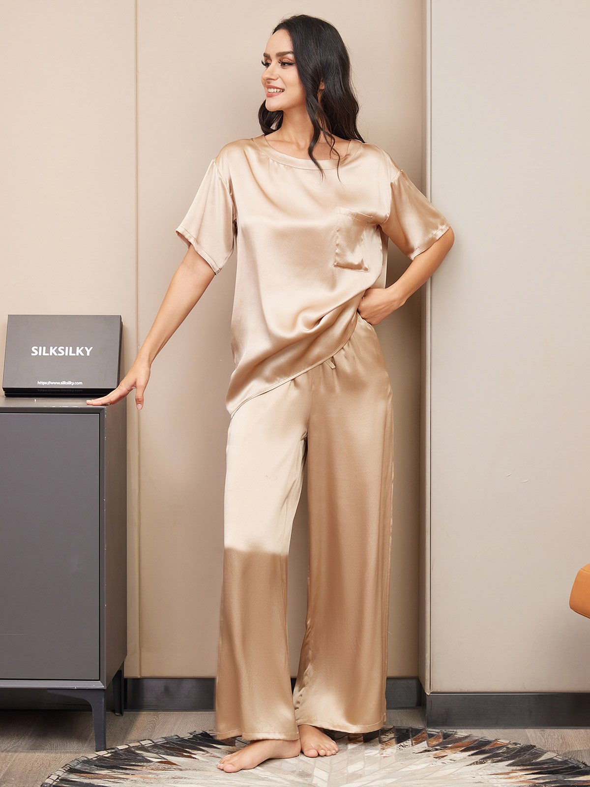 [Champagne] SilkSilky-UK Pure Silk Short Sleeve Womens Pajamas 005