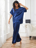 SilkSilky UK Pure Silk Short Sleeve V Neck Women's Pyjamas DarkBlue 006