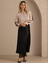 [Tan] SilkSilky-UK Long Sleeve Keyhole Neck Women's Blouse 007