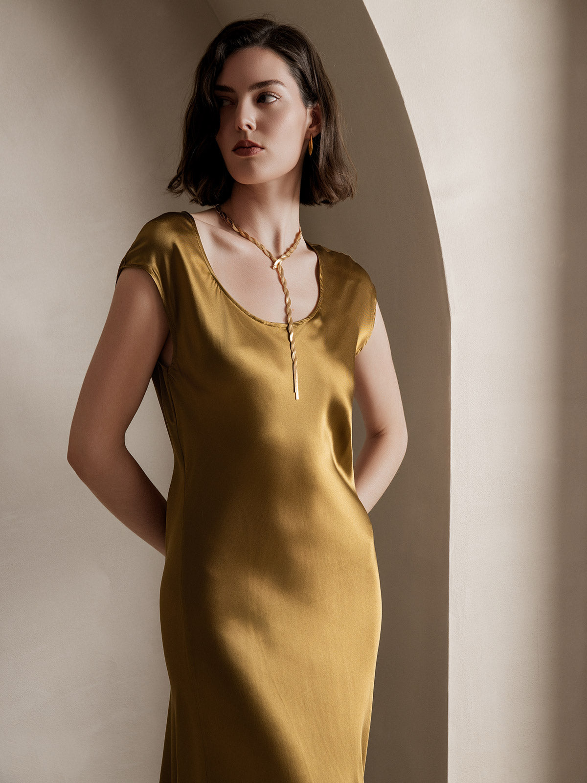 [Brown] SilkSilky-UK 19Momme Silk Round Neck Dress 003