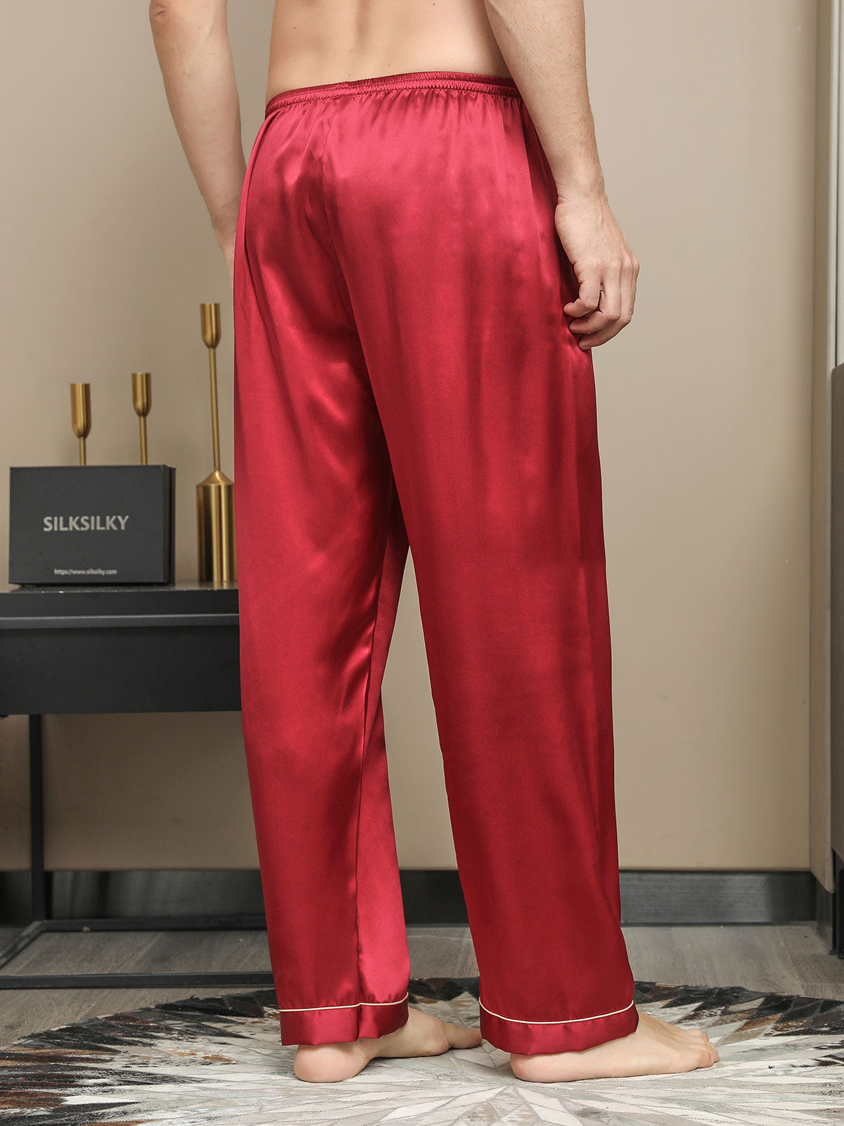 [Red] SilkSilky-UK Pure Silk Mens Sleep Bottoms 002