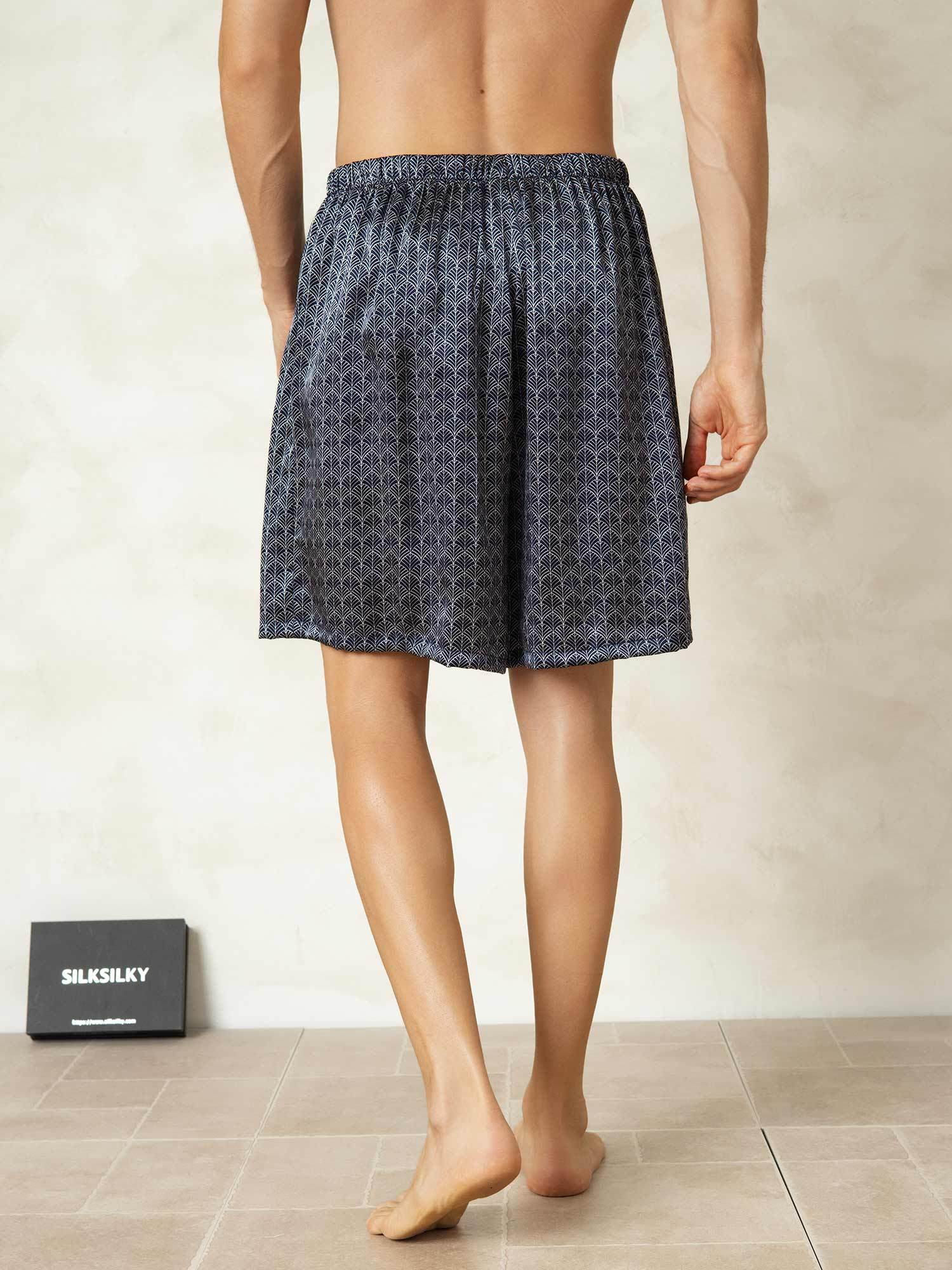 [Navy Ginkgo] SilkSilky-UK Pure Silk Mens Sleep Bottoms 002,