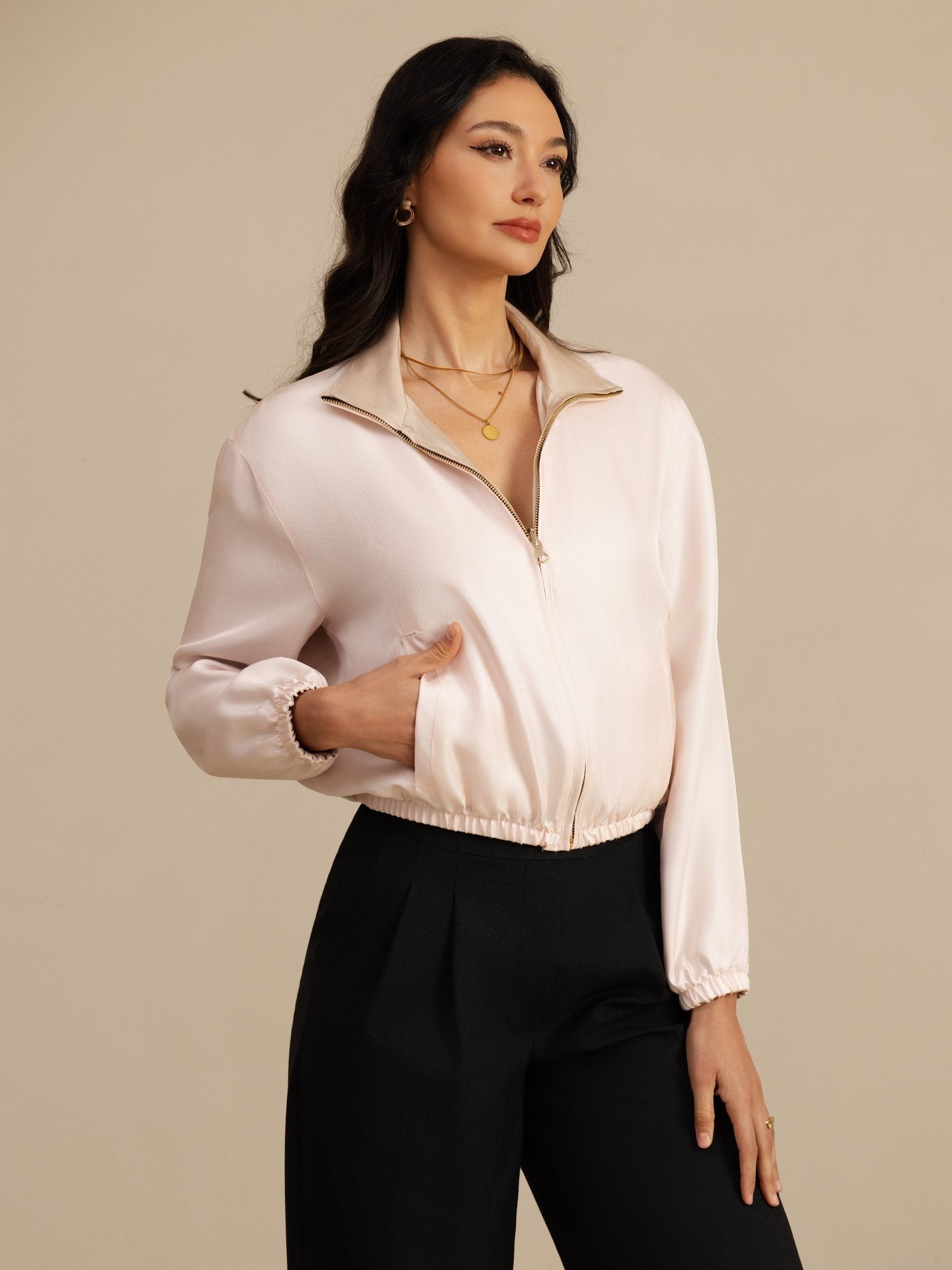 [Tan+Pink] SilkSilky-UK 18Momme Silk Satin Surah Long Sleeve Stand Collar Women's Outerwear 005