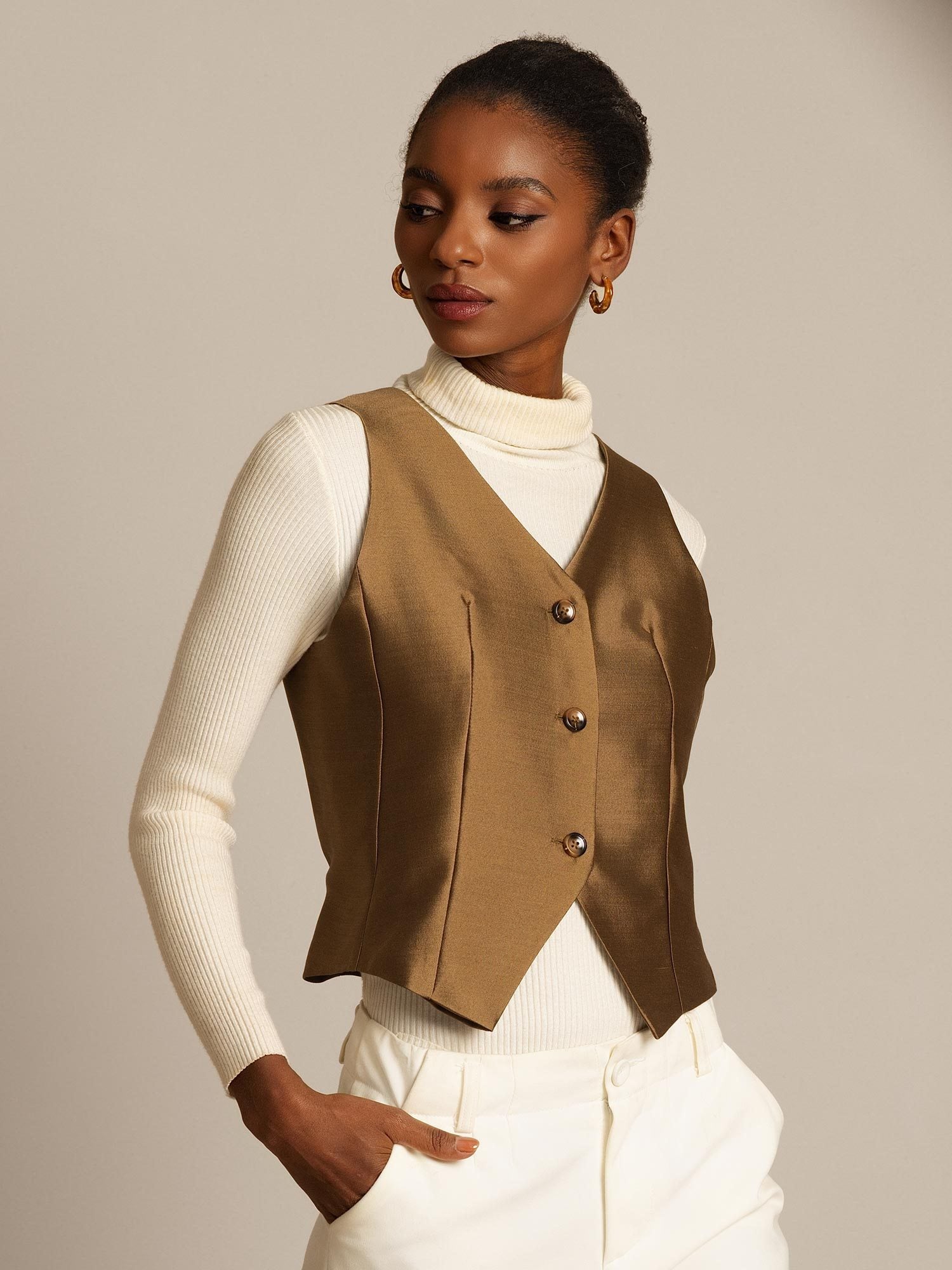 [Bronze] SilkSilky-UK 32Momme Silk-Wool Blend V Neck Women's Vest 003