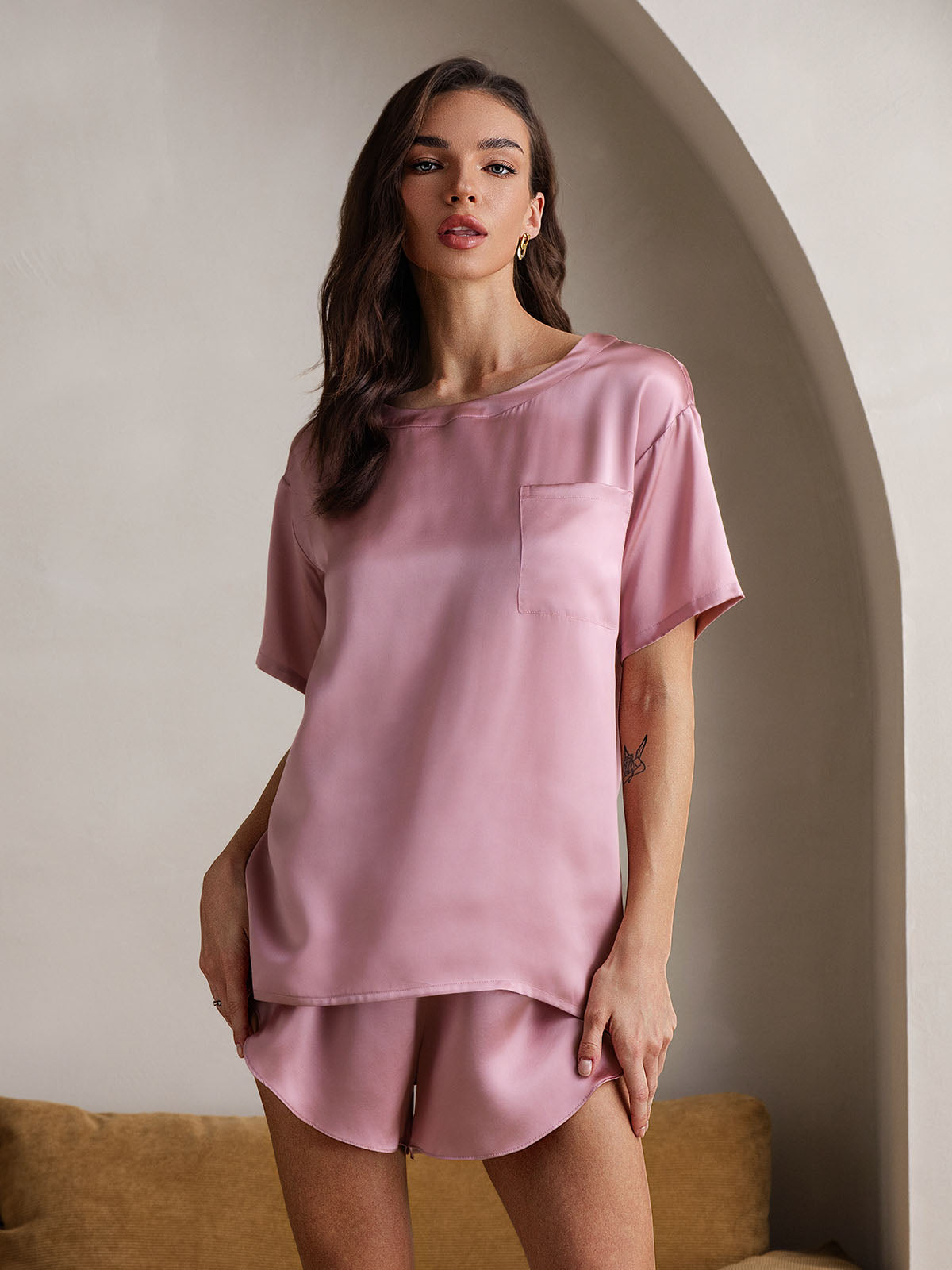 [Pale Mauve] SilkSilky-UK Pure Silk Round Neck Women's Pyjamas 005