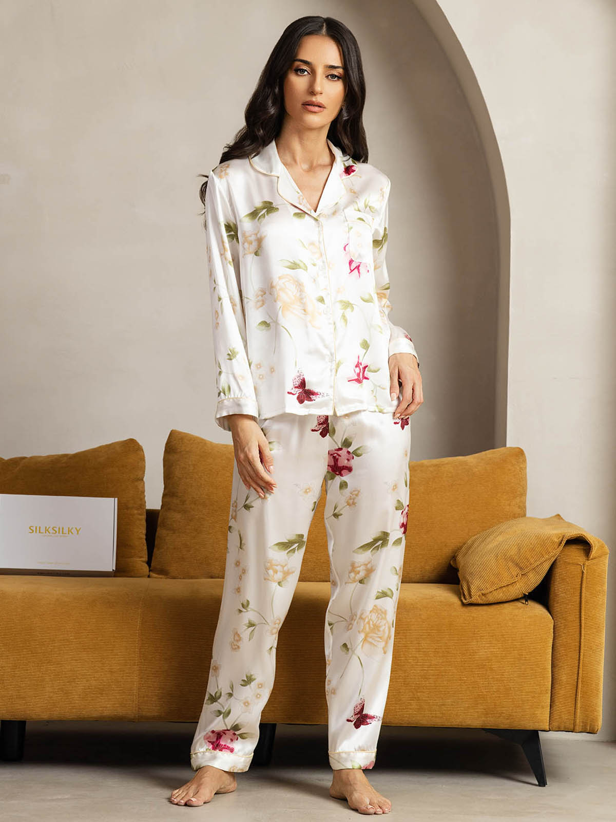 [Ivory Floral] SilkSilky-UK Pure Silk Womens Pajamas 001