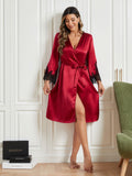 SilkSilky UK Pure Silk 3/4 Sleeve Womens Robe DarkRed 005