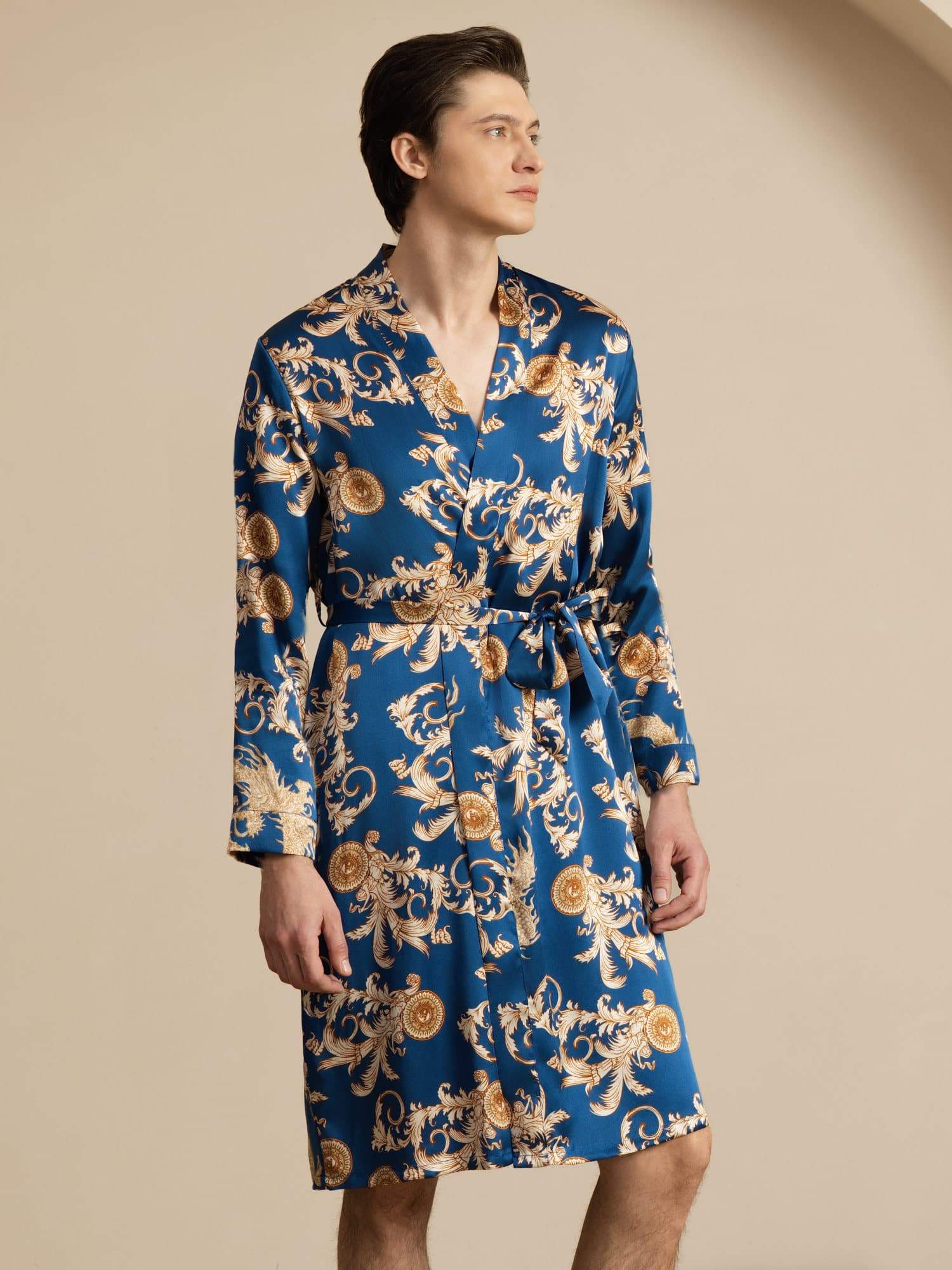 [Navy Dragon] SilkSilky-UK Long Sleeve Mens Robe 001
