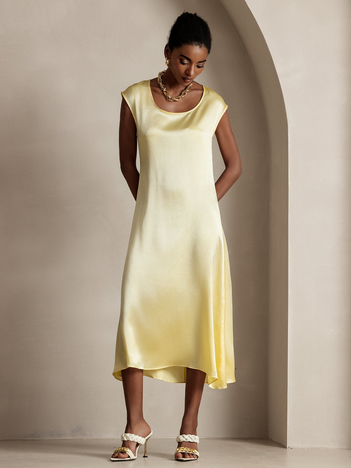 [Light Yellow] SilkSilky-UK 19Momme Silk Round Neck Dress 006