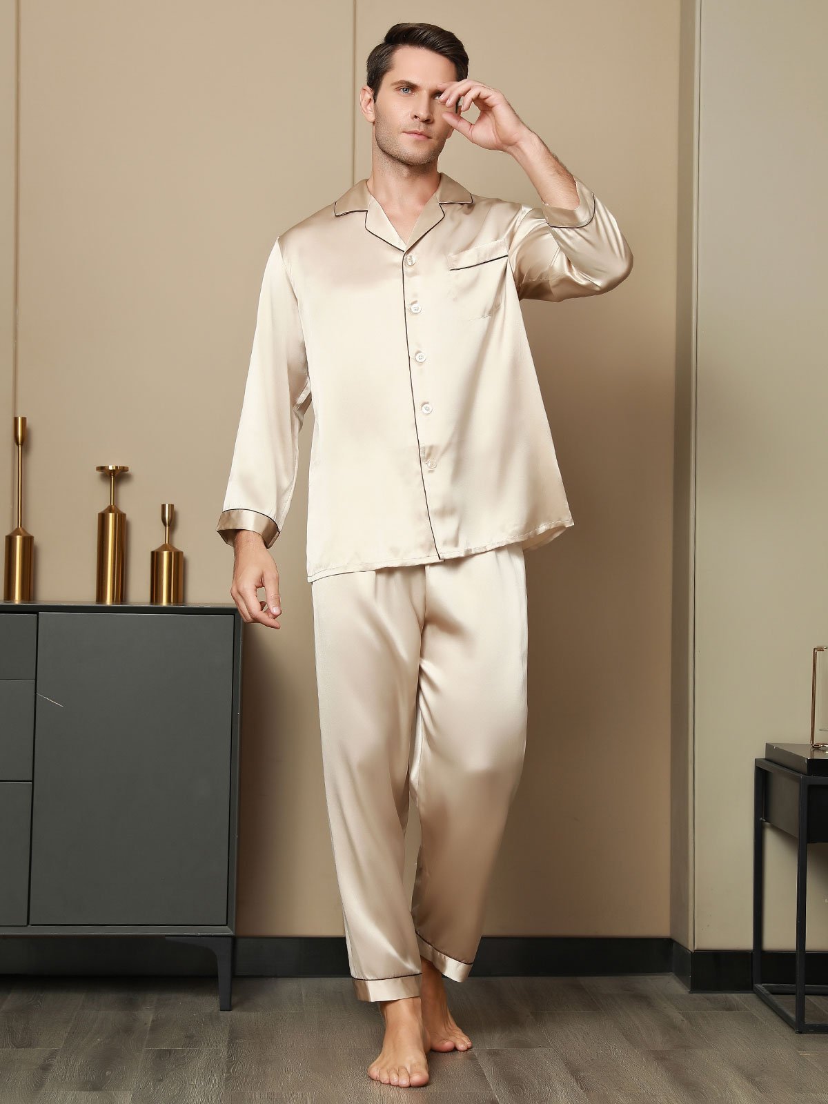 SilkSilky-UK Pure Silk Long Sleeve Lapel Men's Pyjamas Tan 005