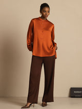 [Caramel] SilkSilky-UK 19Momme Stretch Silk Charmeuse Long Sleeve Stand Collar Blouse 006