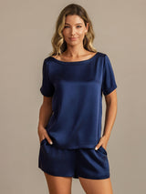 [Dark Blue] SilkSilky-UK 19Momme Machine-Washable Silk Short Sleeve Round Neck Women's Pyjamas 001