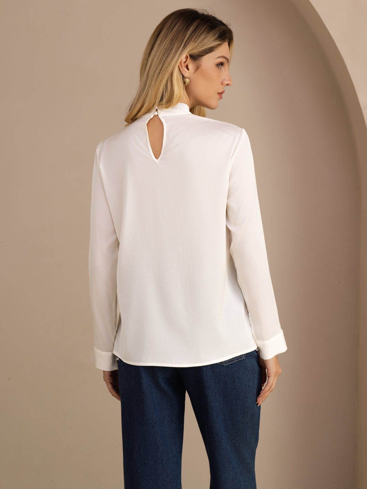 [White] SilkSilky-UK Long Sleeve Stand Collar Women's Blouse 002